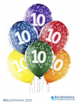 Balon 10 rojstni dan večbarvni, lateks (6 kom)